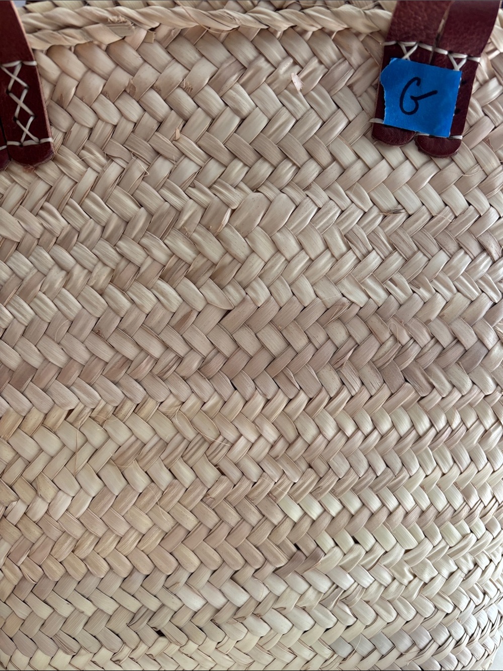 Irregular Woven Straw Tote Bag with Brown Leather Handles "G” - Picture 2 of 4
